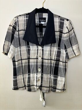 Positive Attitude vintage linen Black and White Plaid Top